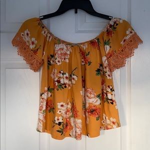 Yellow with flower design off the shoulder